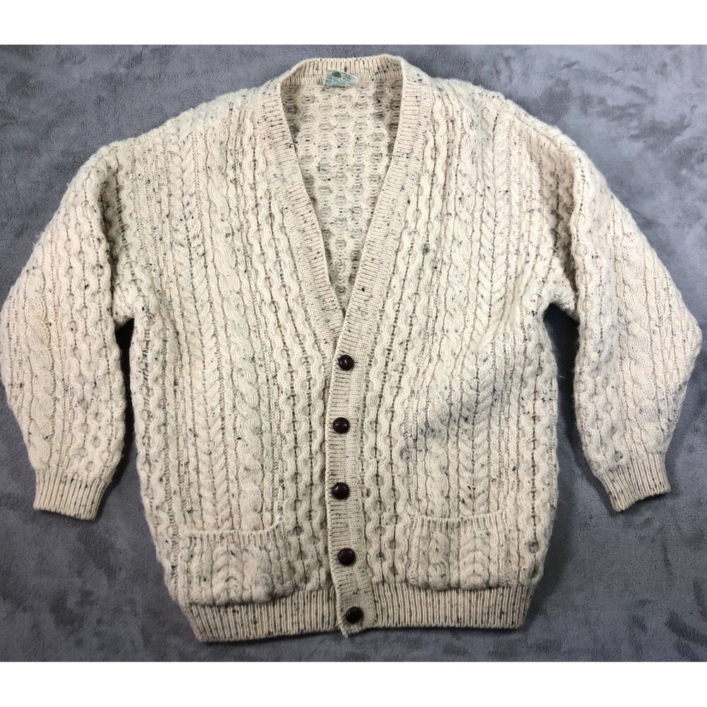 Cladyknit Irish Cardigan Unisex Cream XXL V-Neck 100% Wool Pockets Ireland Knit